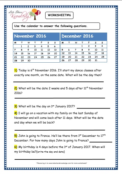 Grade 3 Maths Worksheets (9.3 Problem Solving with Calendars) Lets