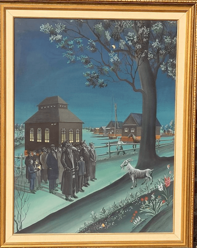 “Kiddush Levanah” by Hendel Lieberman, gouache on board Leviim Gallery