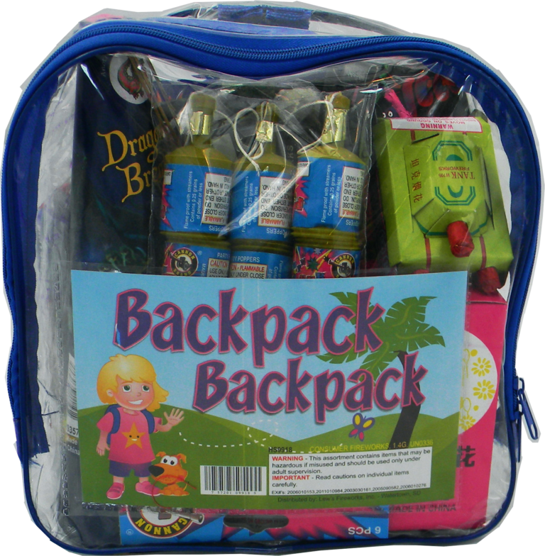 Clear plastic backpack filled with kidsafe firework essentials.