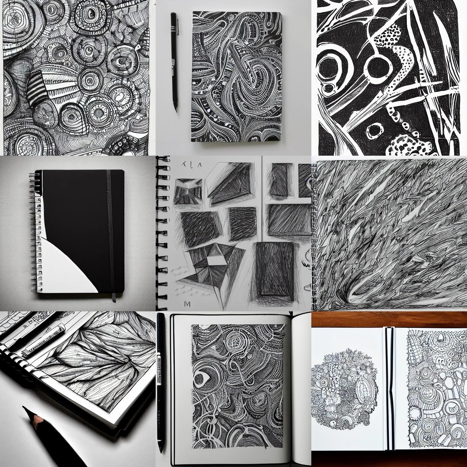 individual detailed drawings of black and white notebook drawing