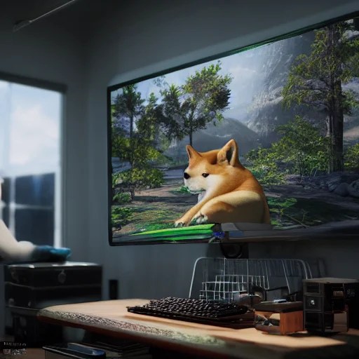 Lexica Photo of shibe playing video game, realism, realistic