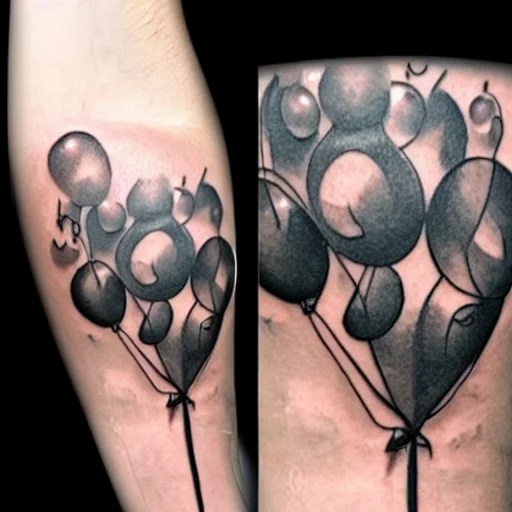 a tattoo of multiple small balloons floating up, tattoo art, bla