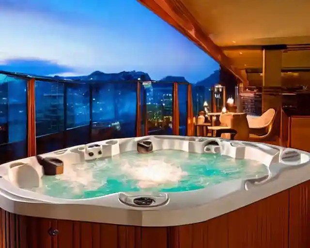 a luxury hotel room with a beautiful view from the balcony, and