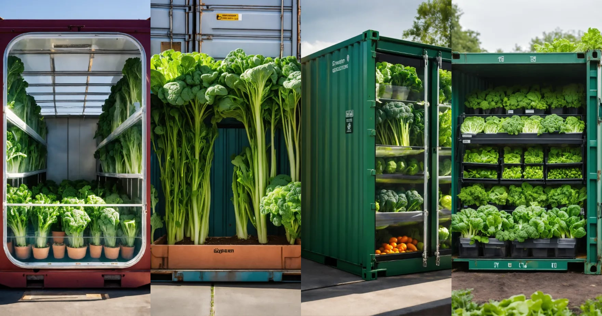 Lexica Glass shipping container with and green vegetables growing out
