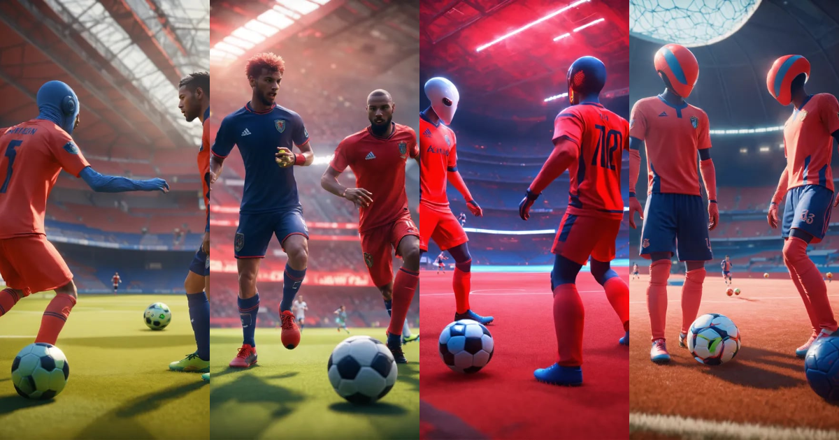 Lexica Two alien soccer players are playing a game of soccer, in the