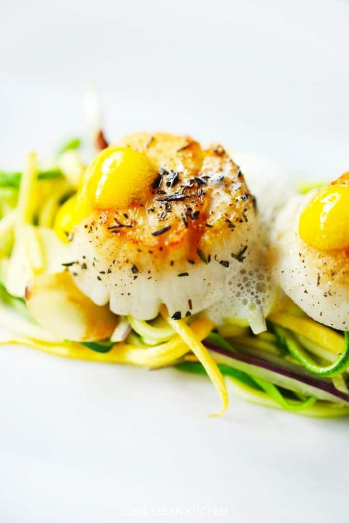 Seared Scallops with Zucchini, King Oyster Mushroom, and Summer Squash