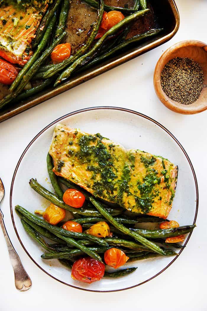 Herb Butter Salmon with Blistered Tomatoes and Green Beans Lexi's