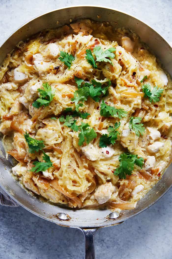 Spaghetti Squash Alfredo with Chicken and Caramelized Onions Lexi's