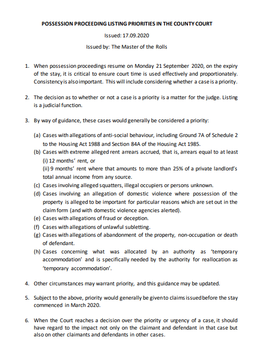 Residential Possession cases resume on 20 September 2020 LEXLAW