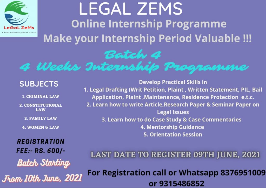 INTERNSHIP OPPORTUNITY Online Internship at Legal Zems Apply by 9