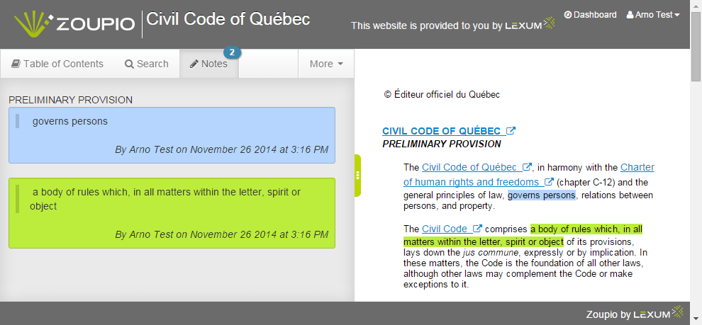 Add your personal notes to the Annotated Civil Code of Quebec by Lexum Lexum