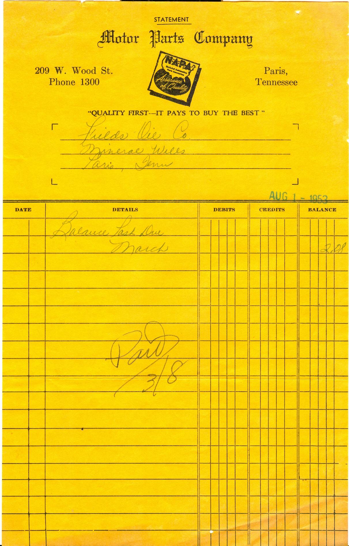 Motor Parts Company, Paris, Tennessee Aug. 1, 1953, Statement NAPA
