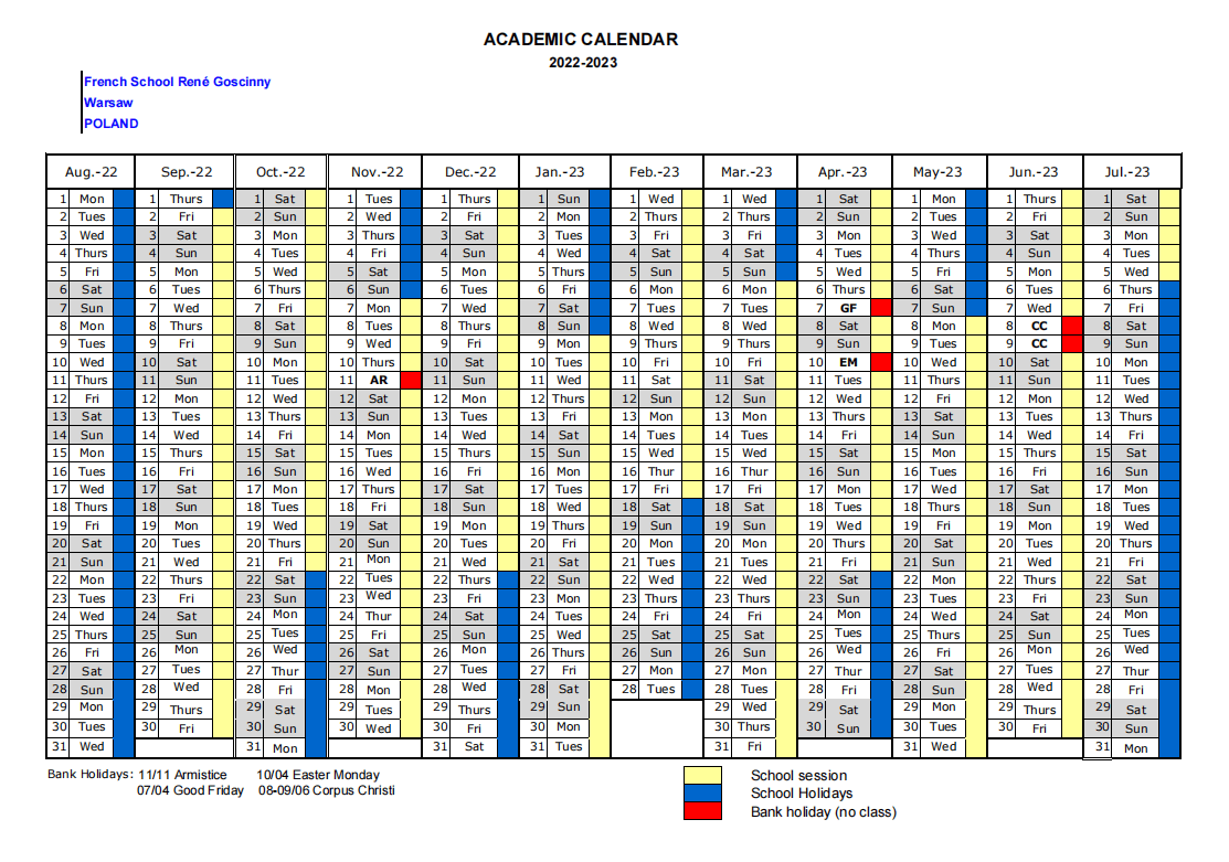 School calendar The French School in Warsaw (LFV)The French School in