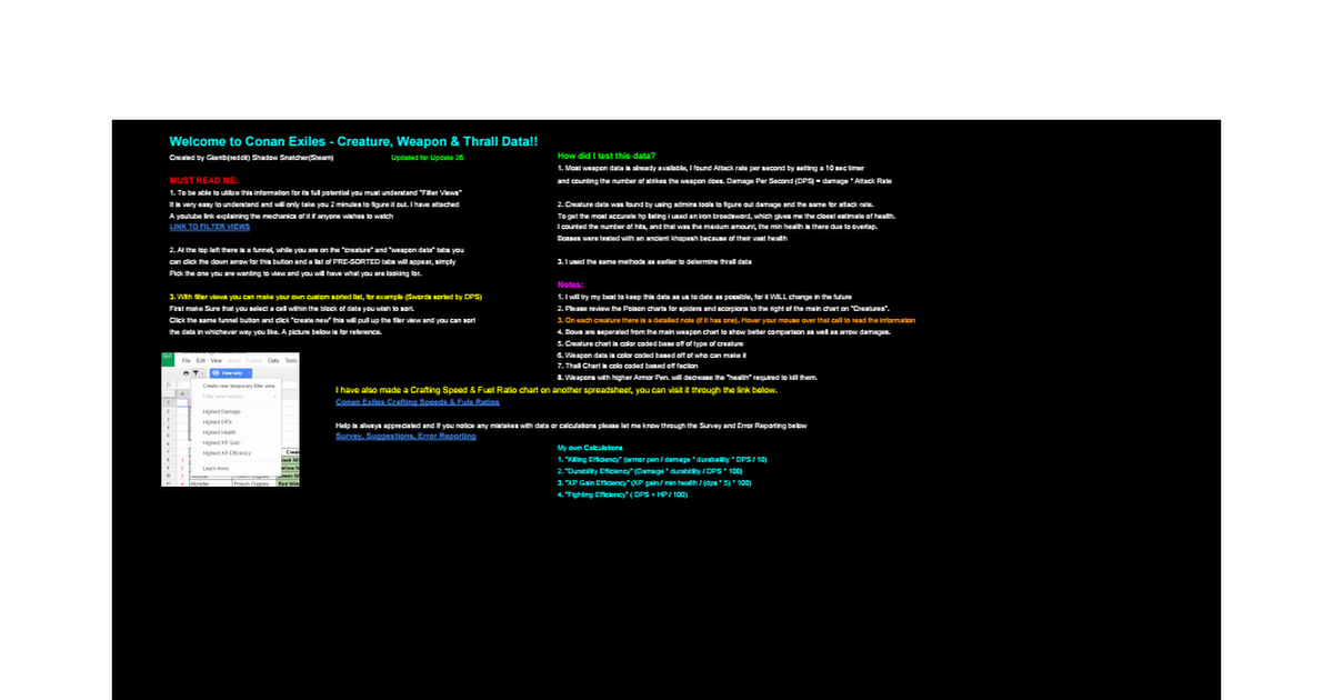 Conan Exiles Creature, Weapon & Thrall Data Google Sheets