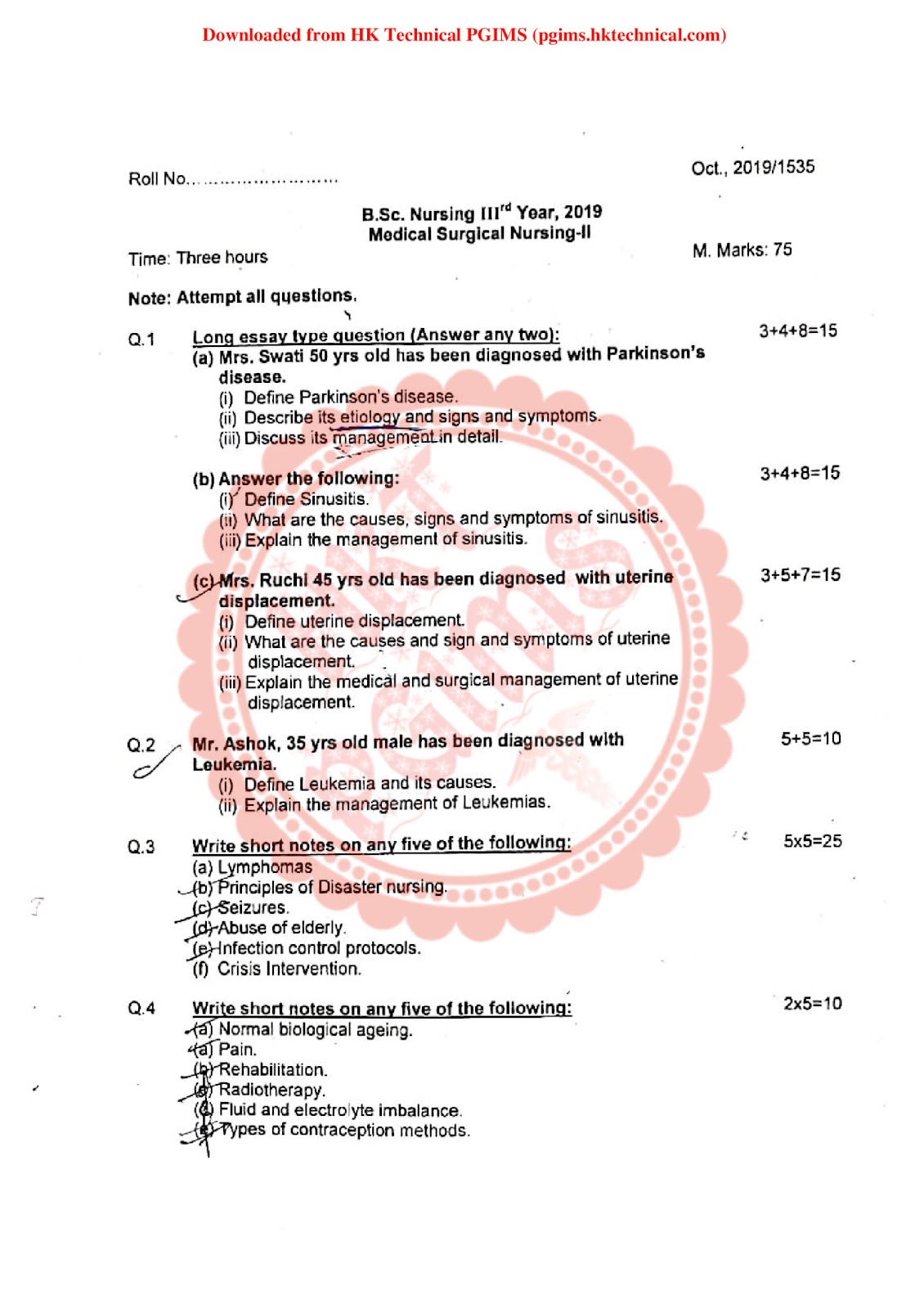 Medical Surgical Nursing BSc Nursing 3rd Year Previous Year's Question