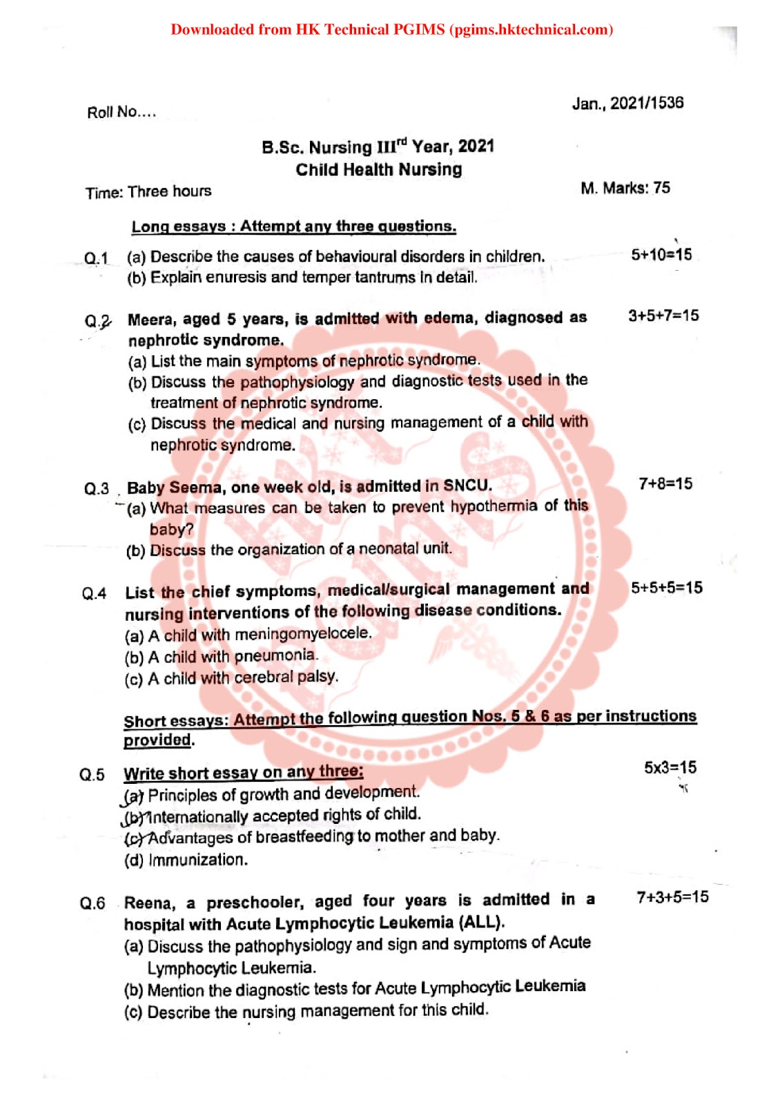 Child Health Nursing Download Question Paper PDF BSc Nursing 3rd Year 2021