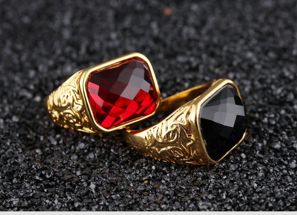 Trendy Red Black Stone Shiny Wedding Rings Men New Design