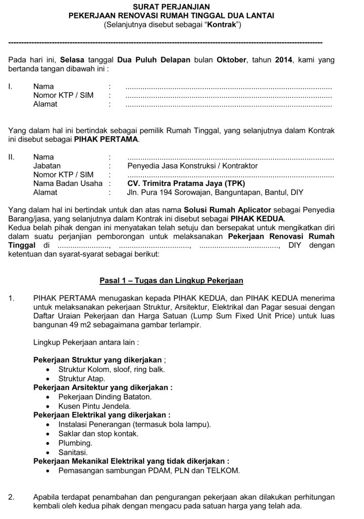 14 Contoh Surat Perjanjian Pemborongan Renovasi Rumah