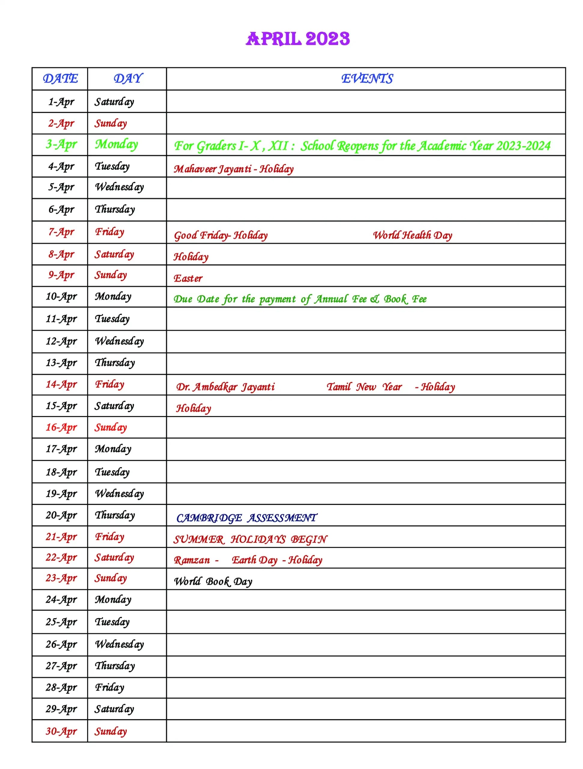 Academic Calendar 20242025 LHL CBSE School Nagercoil