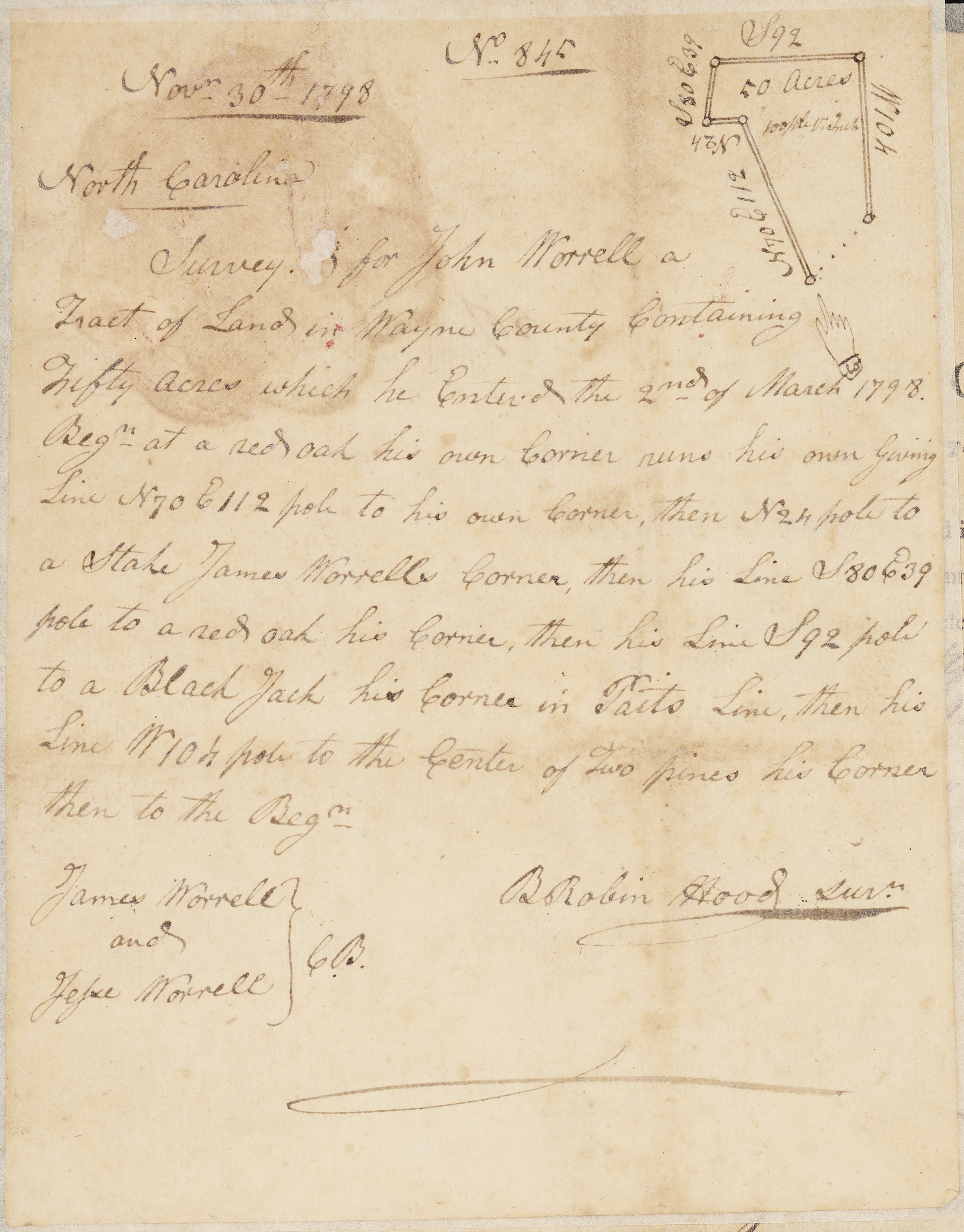 Land Survey and North Carolina Land Grant to John Worrell