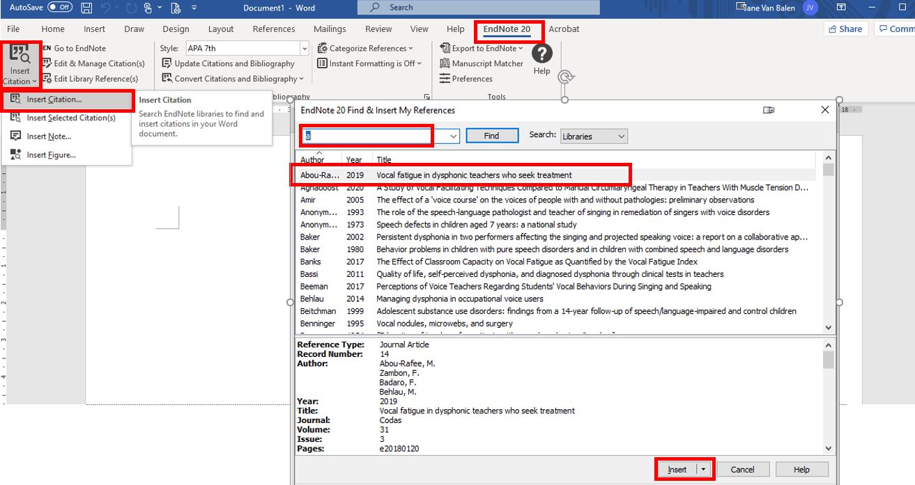 Insert References using CWYW EndNote 20 for Windows Subject and