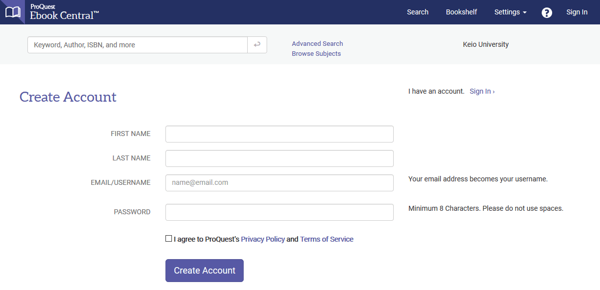 アカウントの作成 ProQuest Ebook Central Research NAVI at Keio University