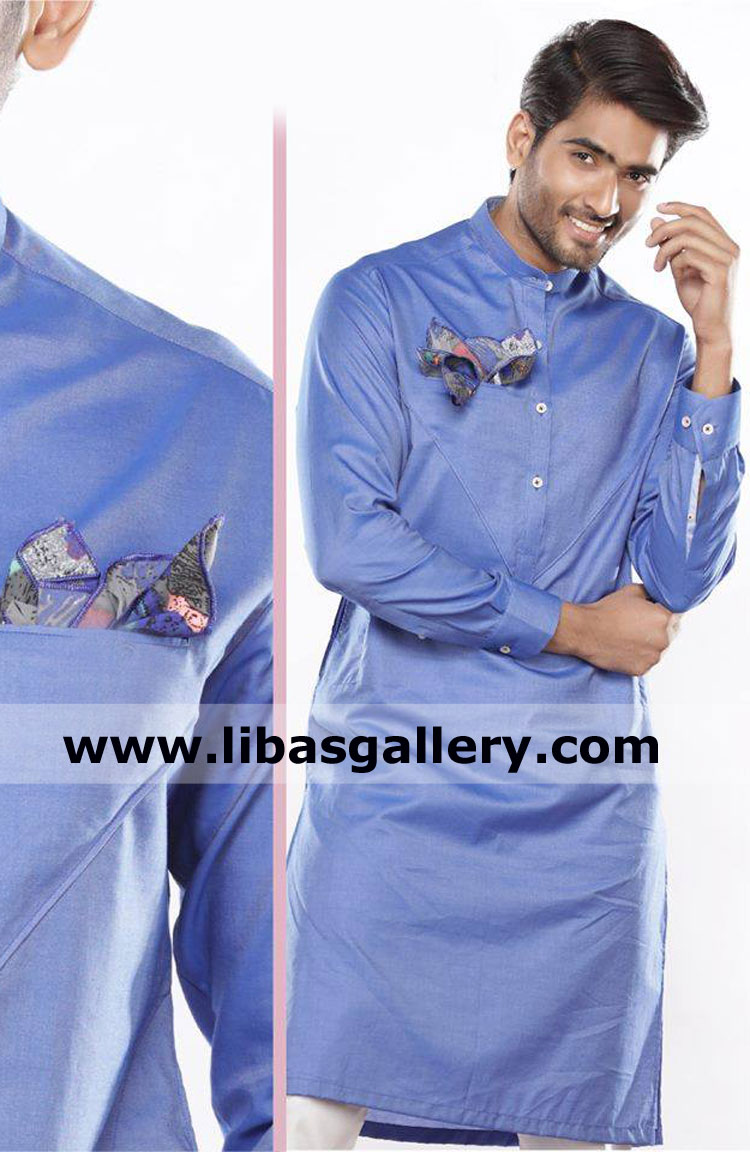 purplish blue pakistani kurta suit with kurta collar and kameez cuff