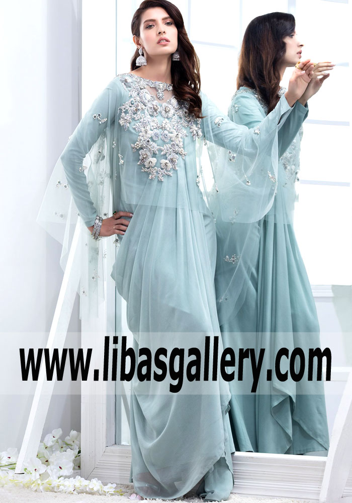 Elan Delicate Cornflower Blue Draped Gown Pakistani Designer Dress