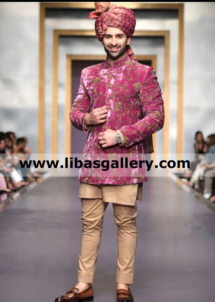 Muneeb butt in pink embroidered prince coat for nikah barat value time