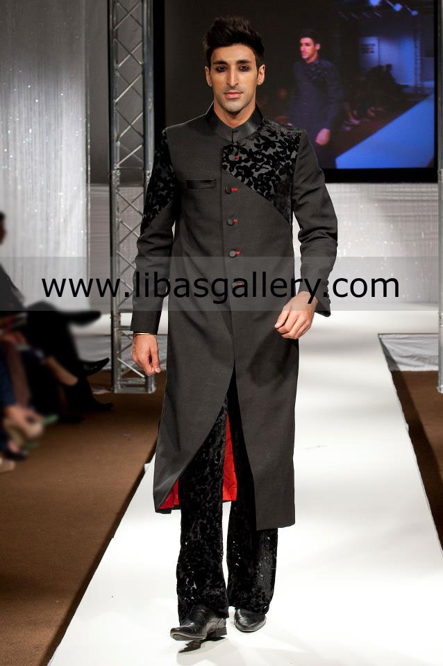 Black long wedding sherwani for groom work on left panel and arm saudi