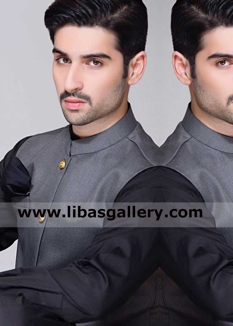 muneeb butt appearing designer vest gray color with matching kameez