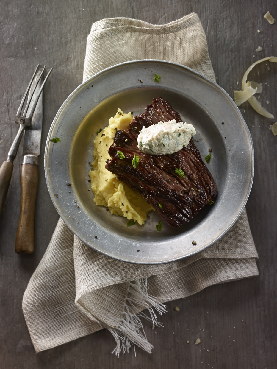 Skirt Steak with Liberté Quark Cheese, Shallots and Parmesan Cheese