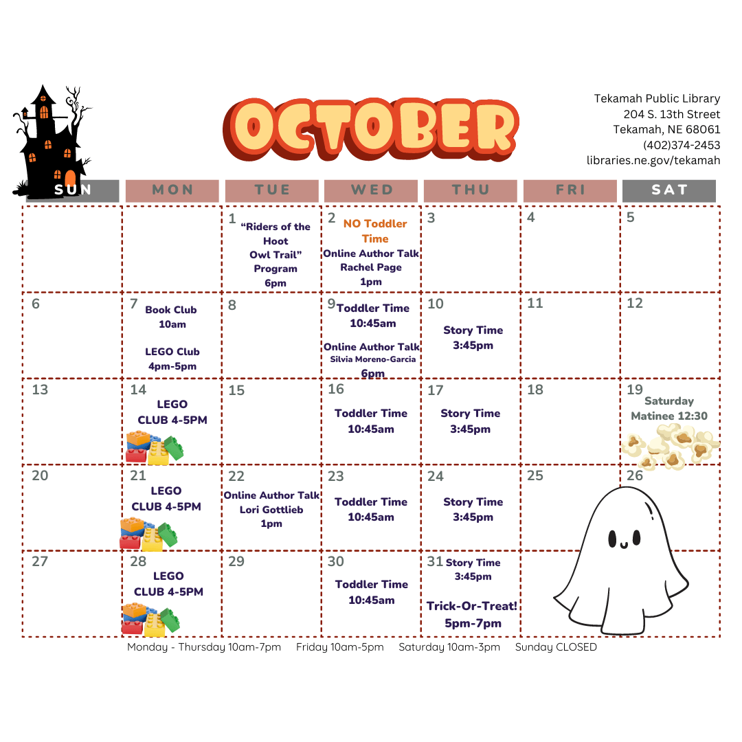 October Events Calendar Lied Tekamah Public Library