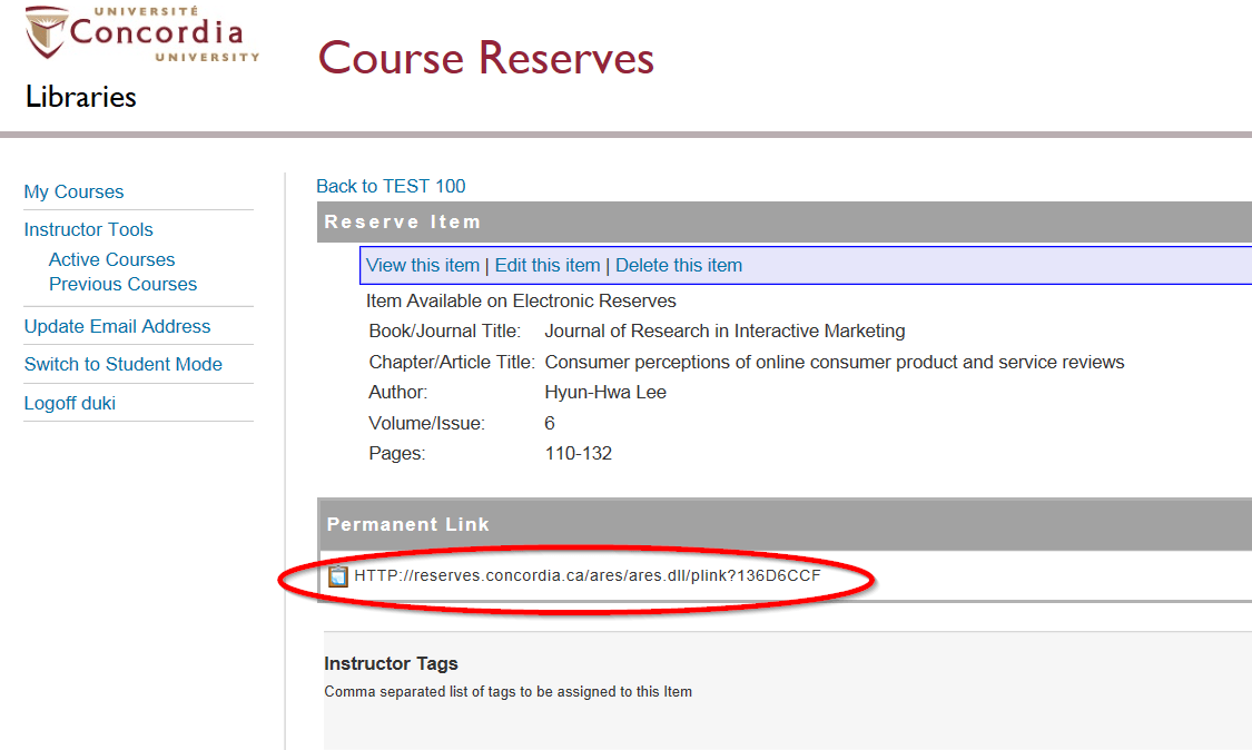 Course reserves for instructors · Help Howto · Concordia University Library