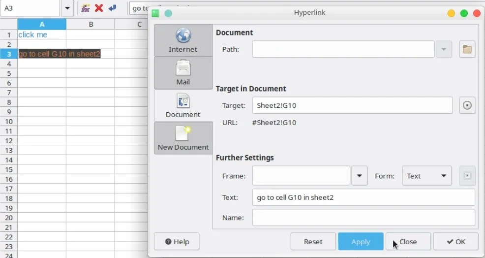 Add Hyperlink to Cell, Sheet, and External Address in Calc