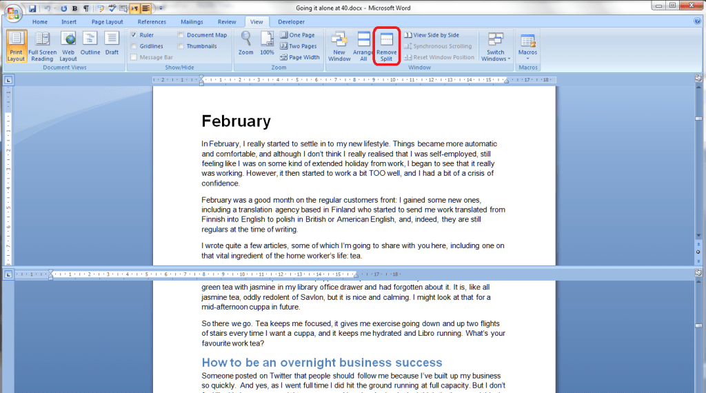 Using the split screen view in Word LibroEditing proofreading