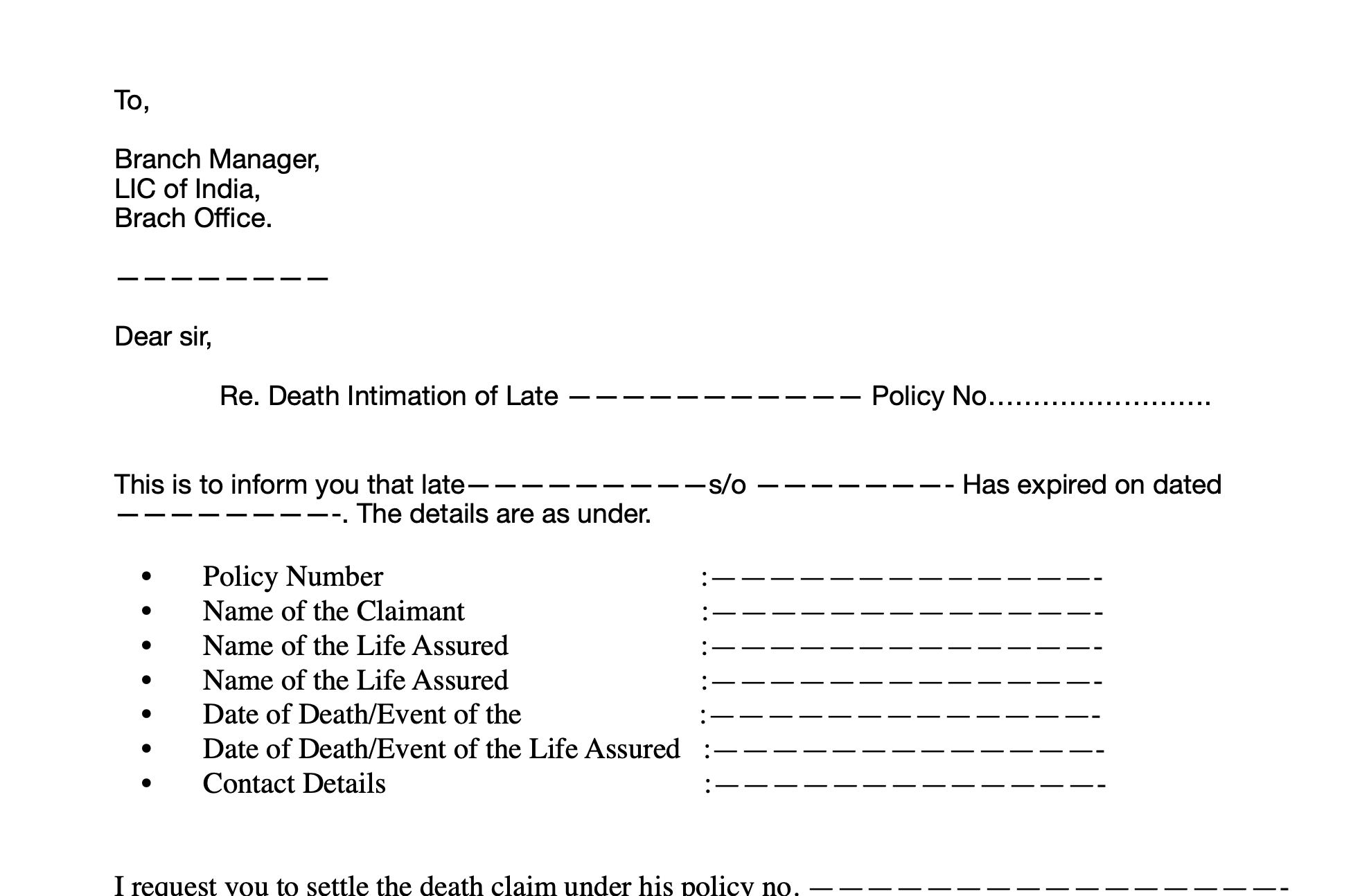 How to write LIC Death claim Intimation letter