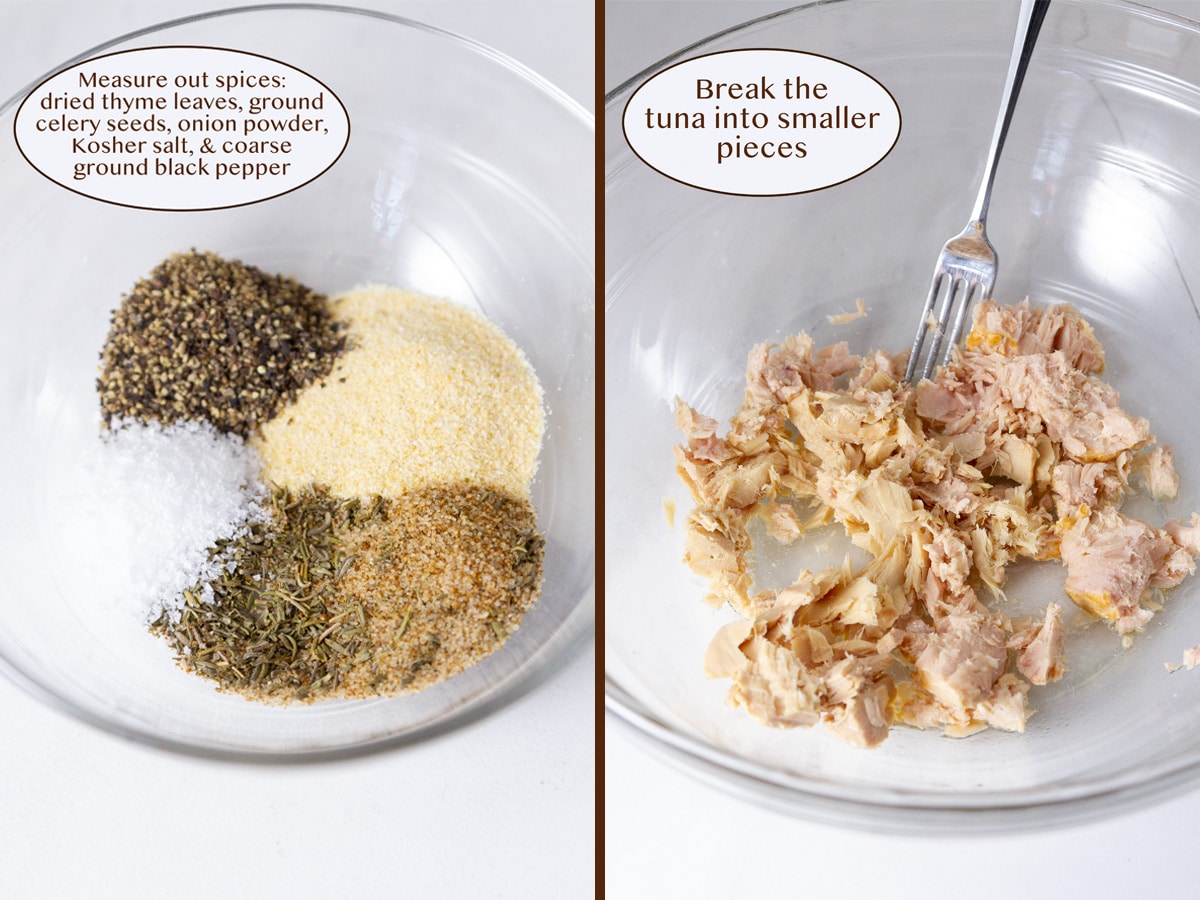 measured out spices on left and broken up bits of tuna in a bowl on right.