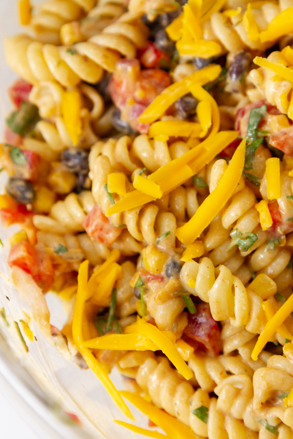 close up on pasta salad.