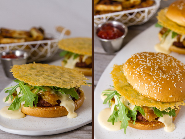 process shots for Monster Cheese Burger: place the Parmesan cheese crisp on top and top with the butter toasted bun