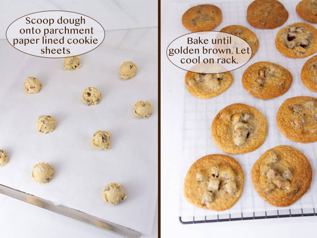 making cookies: scooped dough on left and baked cookies on right.