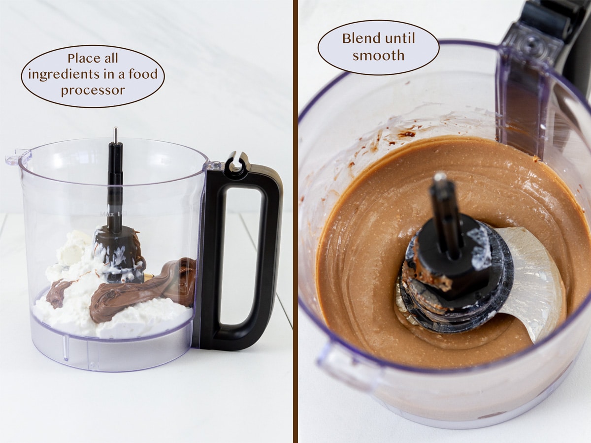 a food processor with ingredients in it on left and the open food processor with the ingredients blended on the right.