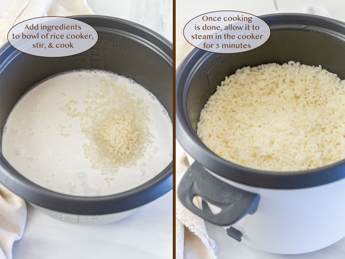 adding the ingredients to the rice cooker and after the rice has cooked.