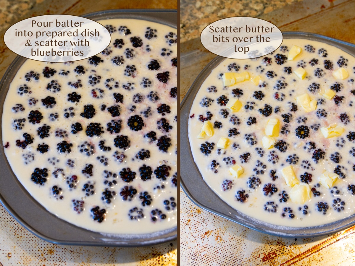 batter added to pan with berries on left and with butter pieces on right.