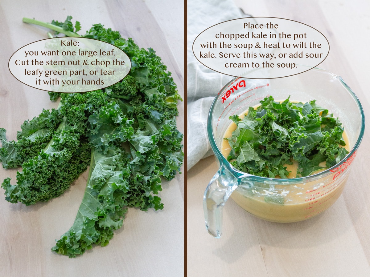 kale leaves on left and chopped kale added to the soup on right.