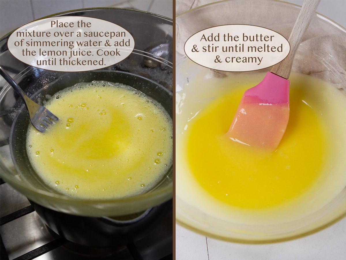 cooking lemon curd on the stove over simmering water.