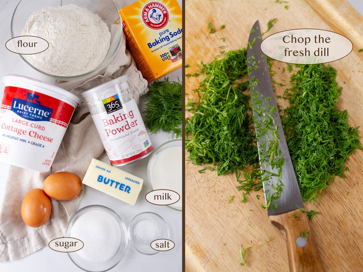 ingredients on left and chopped dill with a knife on right.