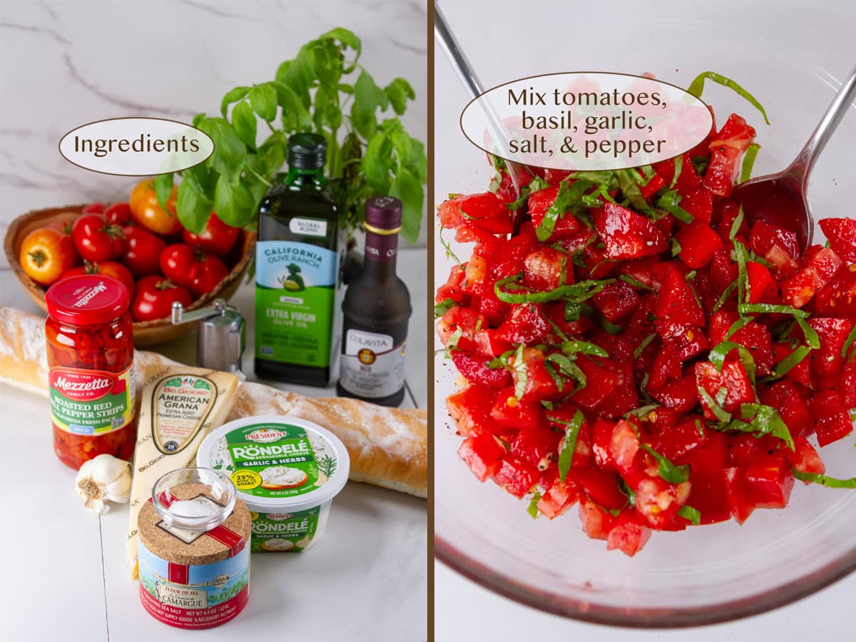 ingredients on left and tomato mixture in a bowl on right.