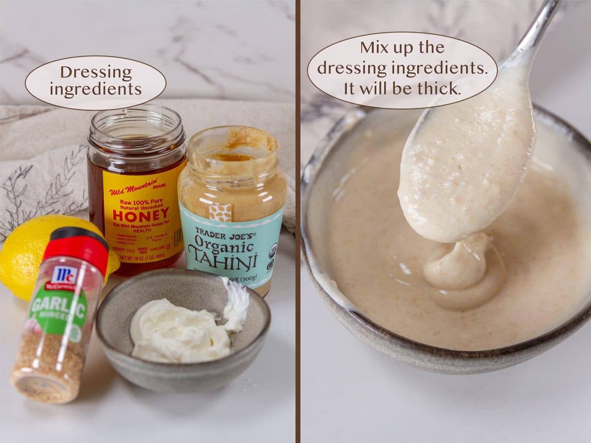 dressing ingredients on left and creamy dressing in a bowl on right.