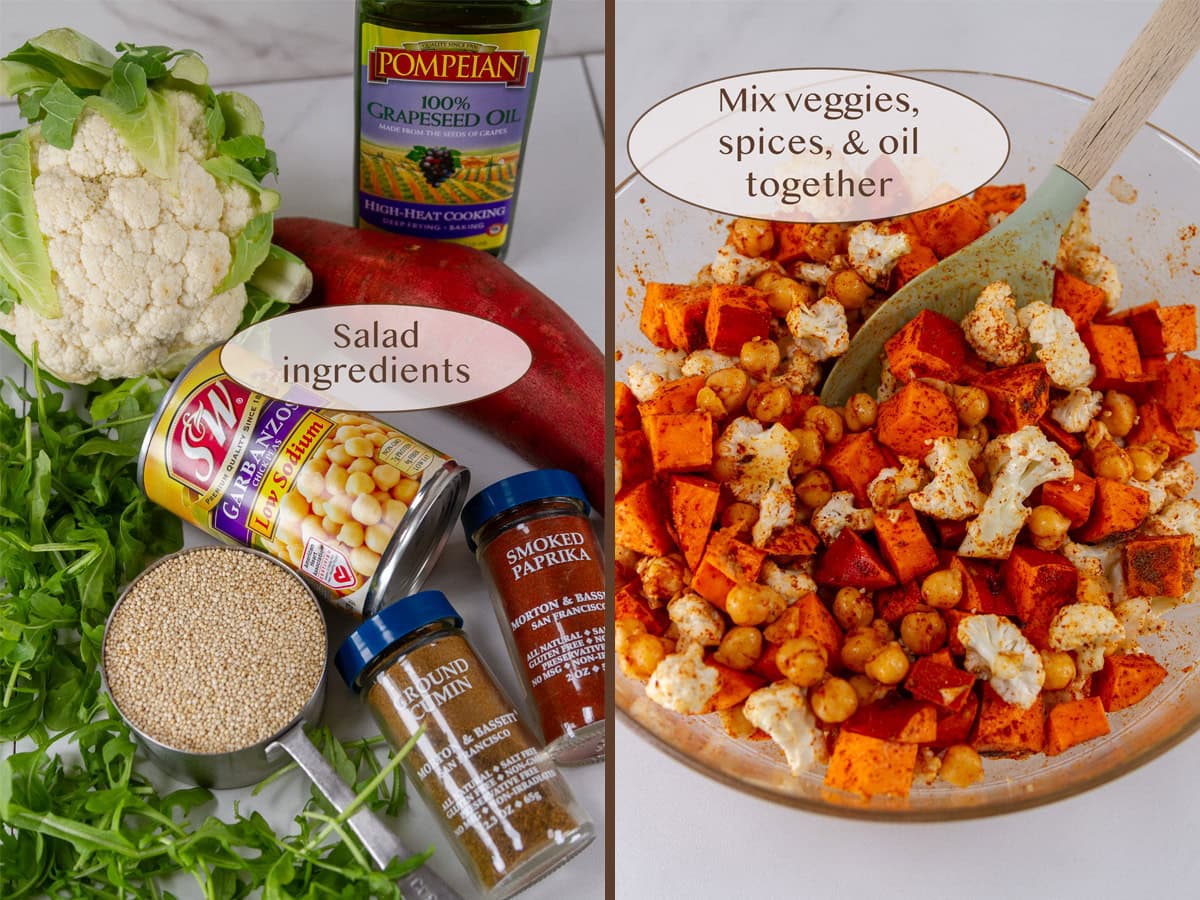 ingredients on left and raw veggies and chickpeas in a bowl on right.